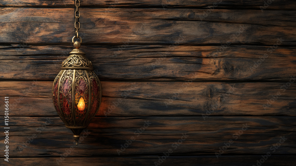 Poster intricately designed metallic lantern casting a warm glow against a textured wooden backdrop, creati