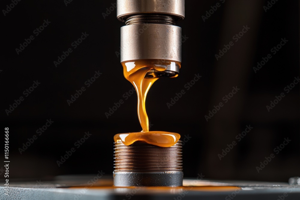 Poster mechanics repair of engine durability concept. a close-up of a metallic press squeezing liquid mater