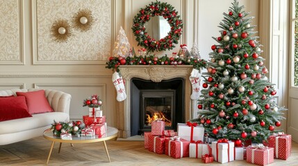 Elegant Christmas Living Room with Decorated Tree and Fireplace