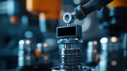Fototapeta premium Mechanics repair of engine durability concept. A close-up of a mechanical component being adjusted, showcasing intricate details and a focus on precision engineering in a workshop setting.