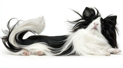 Obraz premium A fluffy black and white guinea pig with long hair lying gracefully.