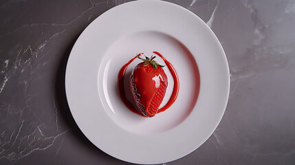 Single Strawberry Dessert: A single, perfectly ripe strawberry, drizzled with a vibrant red sauce, takes center stage on a pristine white plate.