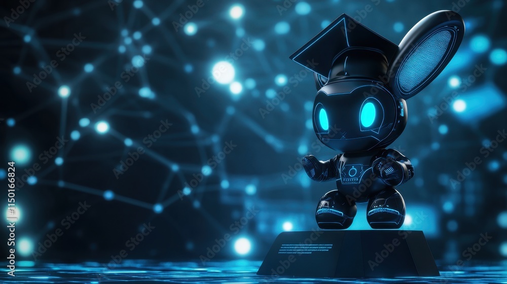 Poster a playful futuristic rabbit robot in a graduation cap, standing on a podium with a glowing digital b