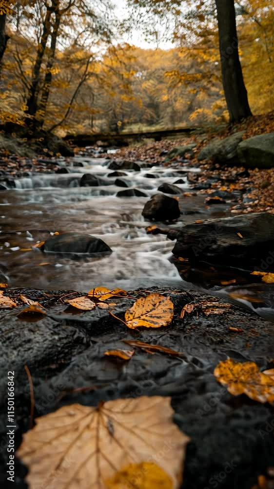 Poster autumn leaves drift over smooth rocks beside a flowing stream in a tranquil forest setting during th