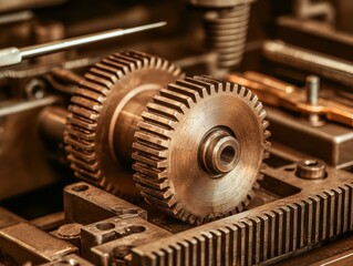 Mechanics repair of engine durability concept. A close-up of interlocking metal gears, showcasing intricate details and a vintage industrial aesthetic.