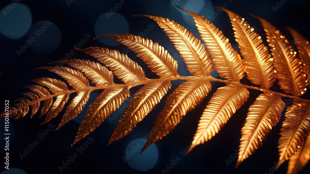 Poster golden fern leaf on dark background with bokeh.