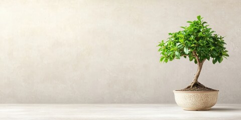 Fototapeta premium A small, lush bonsai tree in a simple pot sits on a minimalistic surface against a neutral background, showcasing elegance and tranquility.