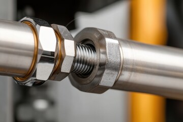 Mechanics repair of engine durability concept. Close-up of a metallic connector featuring threaded ends, showcasing precision engineering and mechanical assembly.