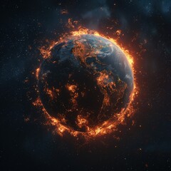 Fototapeta premium Earth in Flames: A fiery inferno engulfs the Earth, casting an ominous glow against the backdrop of a star-strewn cosmos. This evocative image captures the raw power of nature's destructive force.