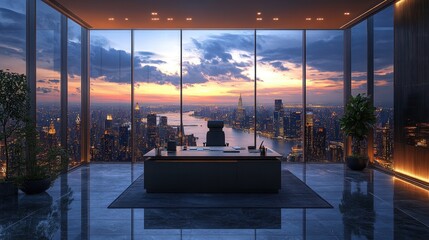 Fototapeta premium Modern office, cityscape sunset view, sleek desk.