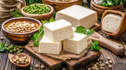 Fresh, organic tofu blocks displayed with soybeans on a rustic wooden table, highlighting vegan and healthy plant-based protein sources.