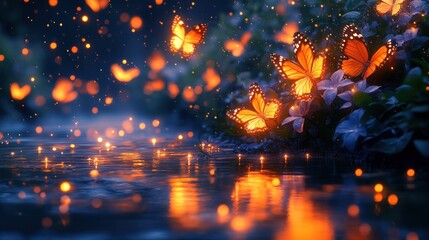 Magical night scene with glowing butterflies and flowers near water.
