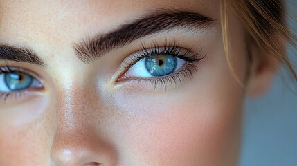 Obraz premium Close-up of a young woman's bright blue eyes and defined eyebrows, showcasing flawless skin and natural beauty.