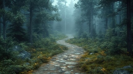 Fototapeta premium Stone path winds through misty, green forest.