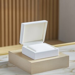 Open white jewelry box on a velvet display stand in a luxury retail setup