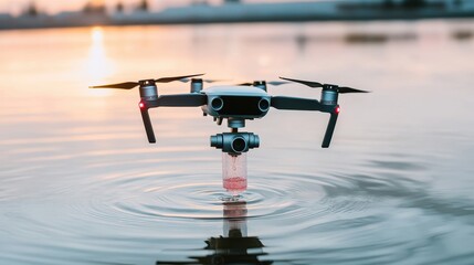 AI Concept Water Resource Management Technology. A drone hovers just above the water's surface, creating ripples as the sun sets in the background, capturing a moment of technology in nature.