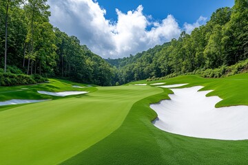 A breathtaking aerial view of a championship golf course with sprawling greens, sand traps, and winding paths