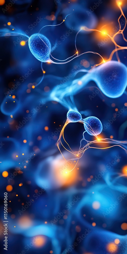 Poster an abstract depiction of glowing blue neurons interconnected by glowing threads, representing neural