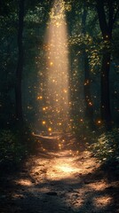 Obraz premium Magical forest path with glowing fireflies and a light beam.