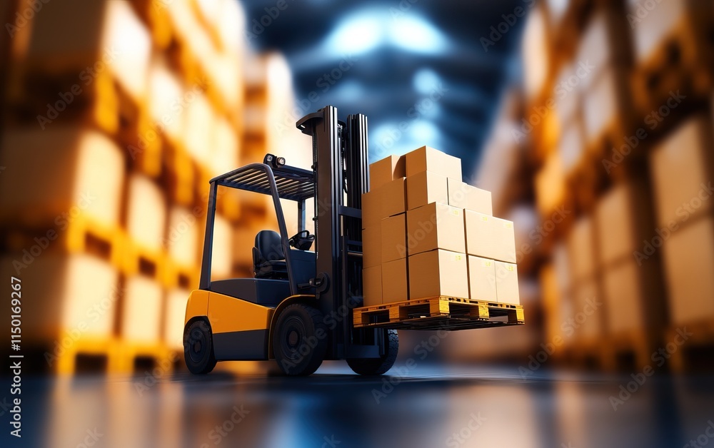 Poster a forklift carries stacked boxes in a warehouse, showcasing efficient material handling and storage 