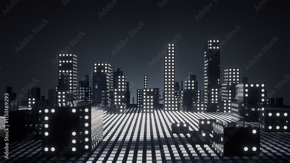 Poster abstract dot display forming futuristic cityscape with pulsing monochrome dots – digital tech design