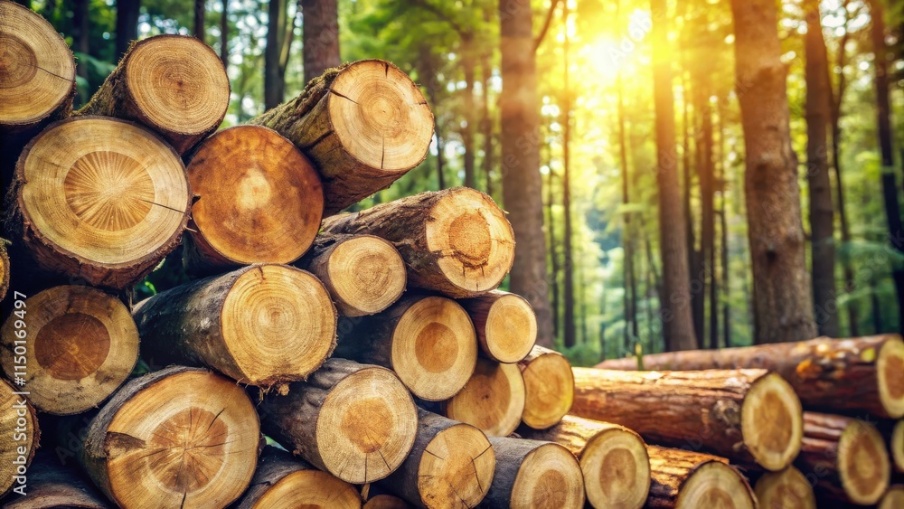Aufkleber sunlit stack of timber logs in a lush forest