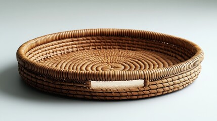 Oval woven rattan tray with side handles, isolated on white background.