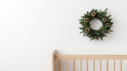 Obraz premium Genderneutral nursery with natural Christmas decor, including a simple wreath and tiny pinecones, creating a serene holiday atmosphere