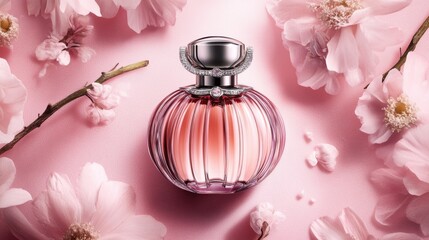 Elegant Perfume Bottle Surrounded by Beautiful Blossoms on a Soft Pink Background, Perfect for Beauty, Fashion, and Product Promotion in Stock Photography