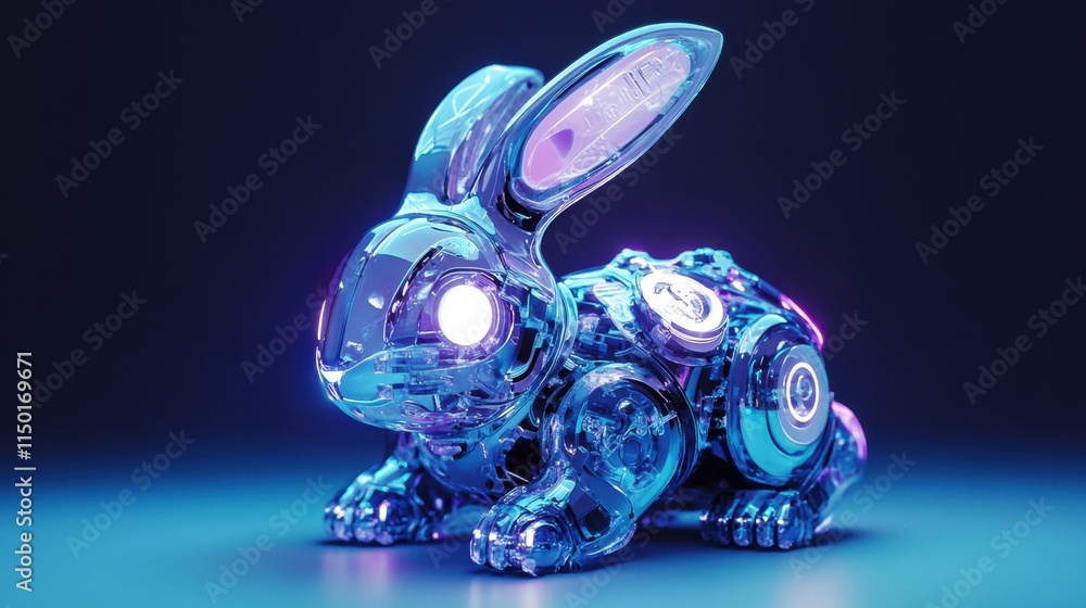 Poster a rabbit-shaped nano robot with intricate detailing, designed for high-tech tasks, illuminated by so