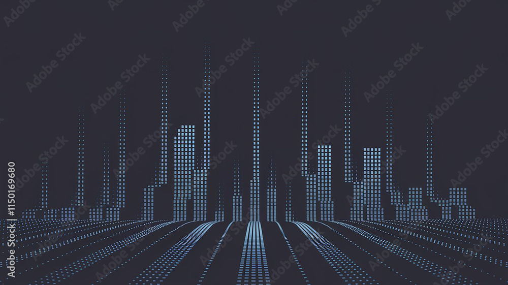 Poster abstract dot display forming futuristic cityscape with pulsing monochrome dots – digital tech design