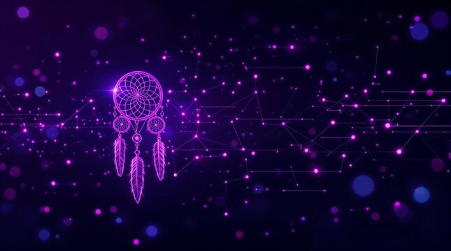 Digital illustration of a dreamcatcher with a network of interconnected glowing nodes and lines in a purple and dark blue color scheme, creating a visually striking and mystical effect