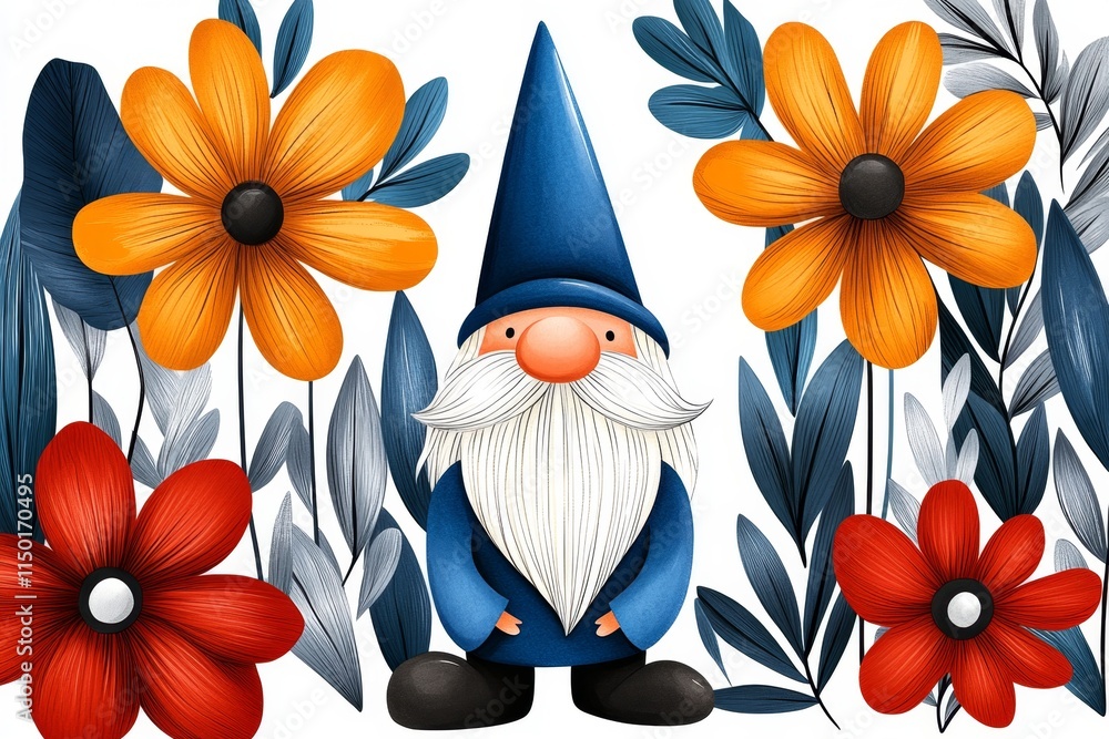 Poster a clean illustration of a gnome sitting under a stylized flower arch, with only a few colors and a f