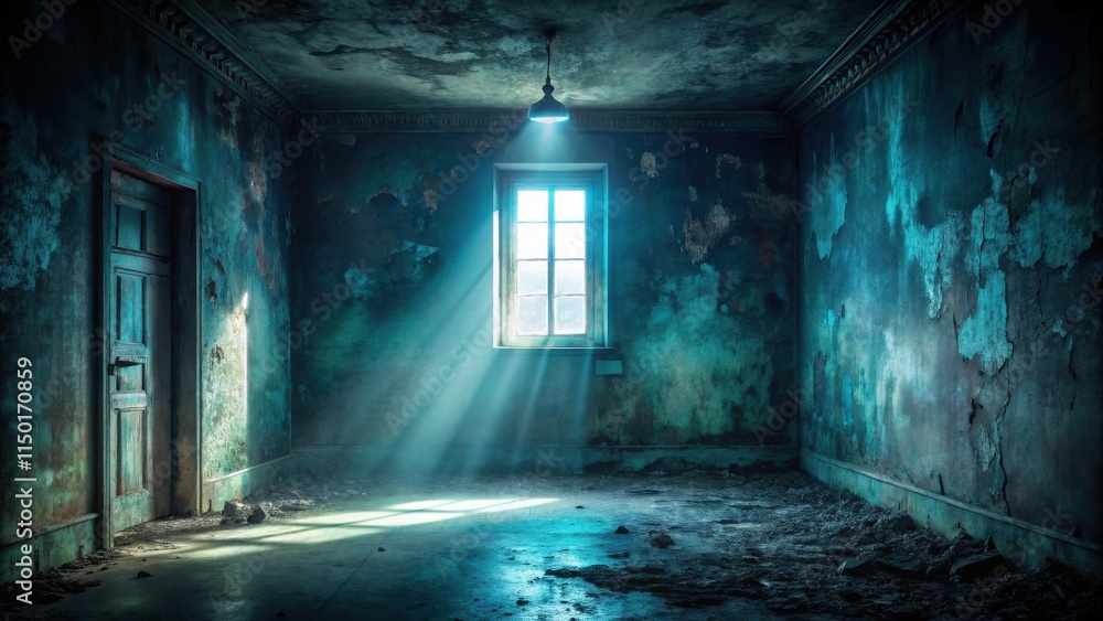 Poster sunbeams illuminate a derelict room with peeling walls and a single hanging lamp