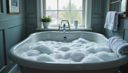 Cozy bathtub filled with bubbles and peaceful vibe in modern bathroom with window view
