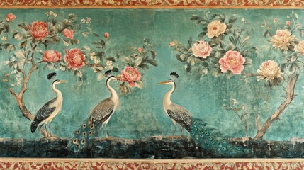 Border in chinoiserie style with herons, peacock and peonies