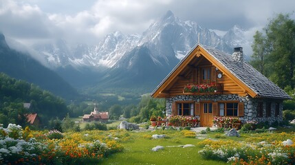 Fototapeta premium Stunning Stone Cottage Scenic Alpine Views Peaceful Meadow Setting Beauty Photo