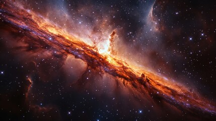 Obraz premium Cosmic nebula, fiery orange, scattered stars.