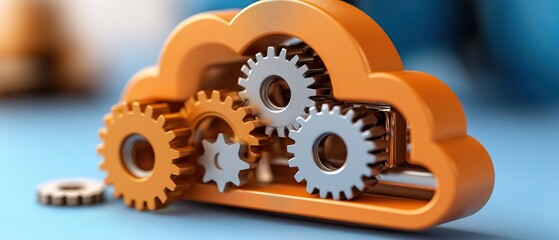 A colorful cloud with gears symbolizes cloud computing and automation, representing the integration of technology and innovation in digital solutions.