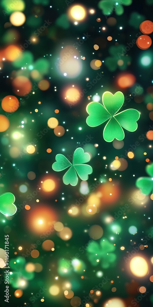 Poster a vibrant, abstract background featuring green clovers and colorful bokeh lights, creating a festive
