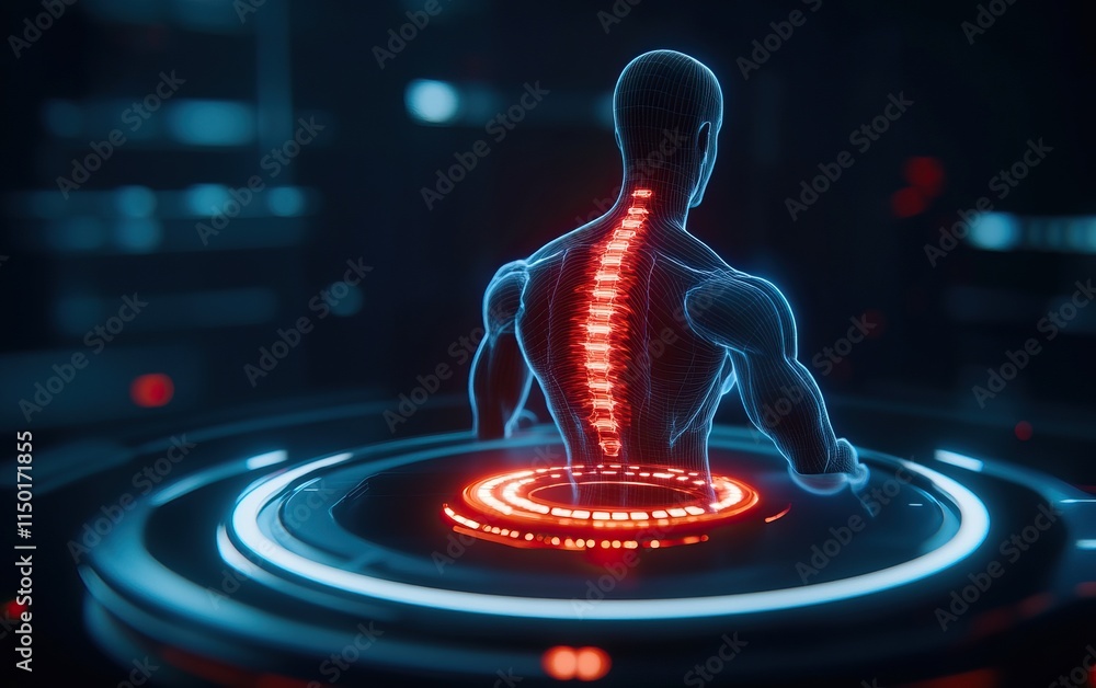 Poster a digital representation of a human spine illuminated in blue and red, showcasing a futuristic desig