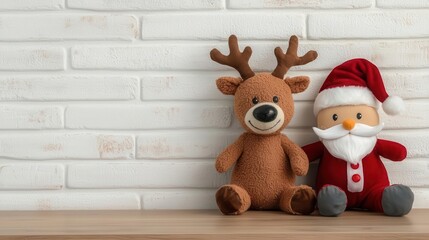 Fototapeta premium Plush reindeer and Santa toys placed on nursery shelves, twinkling fairy lights adding a soft holiday glow to the room