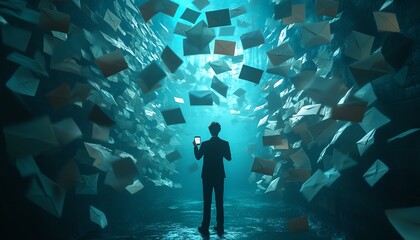 Person immersed in a sea of flying envelopes, using a mobile device, representing digital communication and email overload, vivid and lifelike depiction