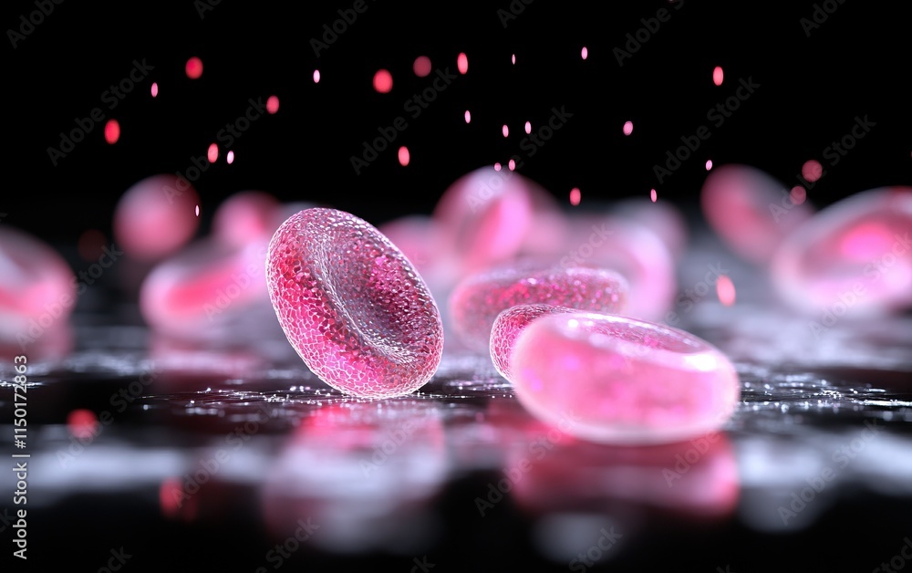 Poster a vivid depiction of red blood cells floating in a dark space, showcasing their intricate structure 