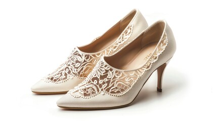 A chic pair of women's shoes on white, designed with intricate details and a fashionable aesthetic,