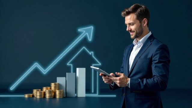 business man using tablet studying finances and market chart hologram of market evolution.