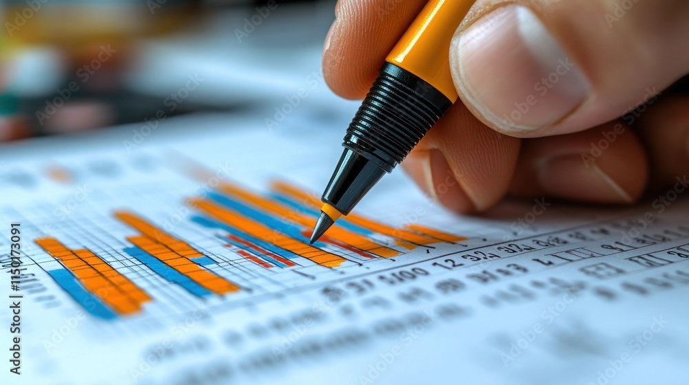 Poster close-up of hand analyzing bar graph with pen.