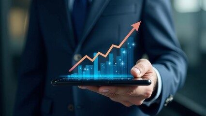 hands of a businessman at a computer tablet above which the columns of the quote graph rise, an arrow rises above the columns