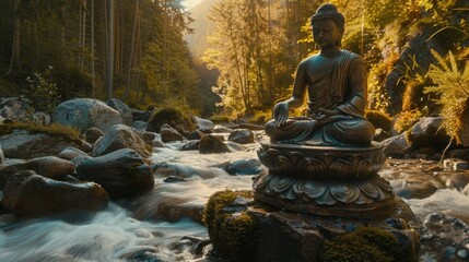 Bhumispara mudra, Buddha Gautama at the moment of enlightenment, statue in a mountain stream, Oytal Valley, Allgaeu, Bavaria, Germany, PublicGround