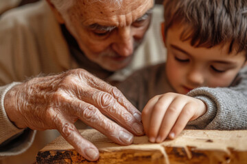 An elderly man guides a young boy in woodworking, showcasing generational skills and shared learning.